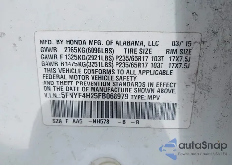 2015 Honda Pilot Lx z USA, uszkodzony, nr VIN 5FNYF4H25FB068979